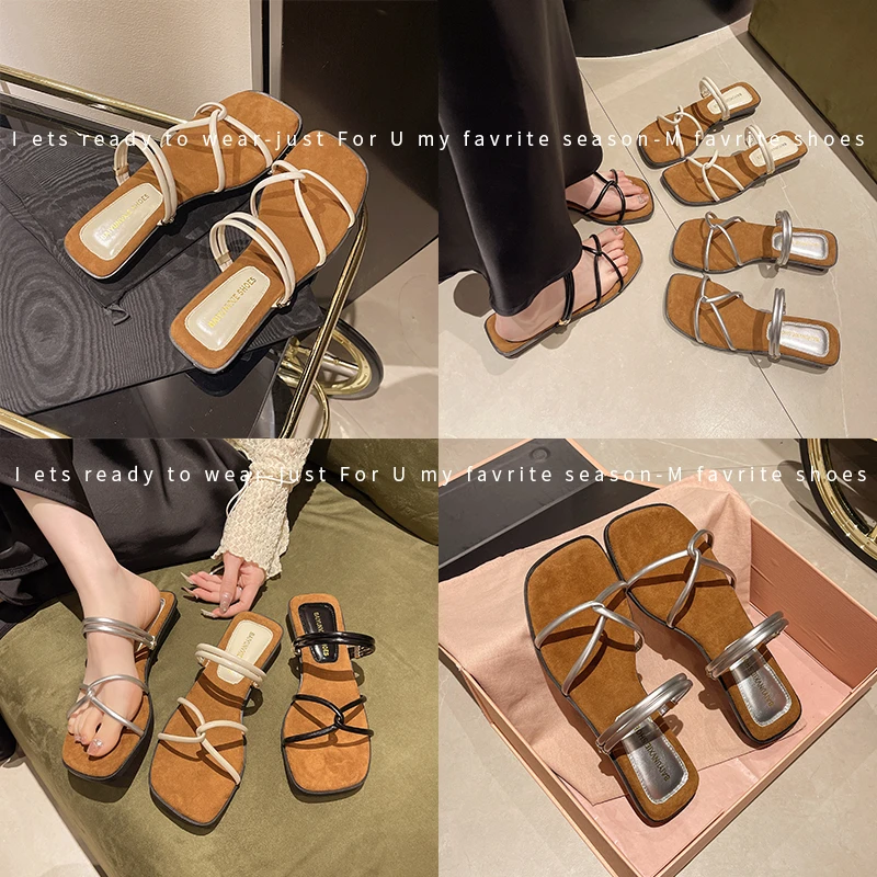 Moda de verano, zapatillas con punta abierta y punta cuadrada para mujer, Sandalias elegantes de tacón alto con correa estrecha, sandalias para mujer para vacaciones en la playa al aire libre