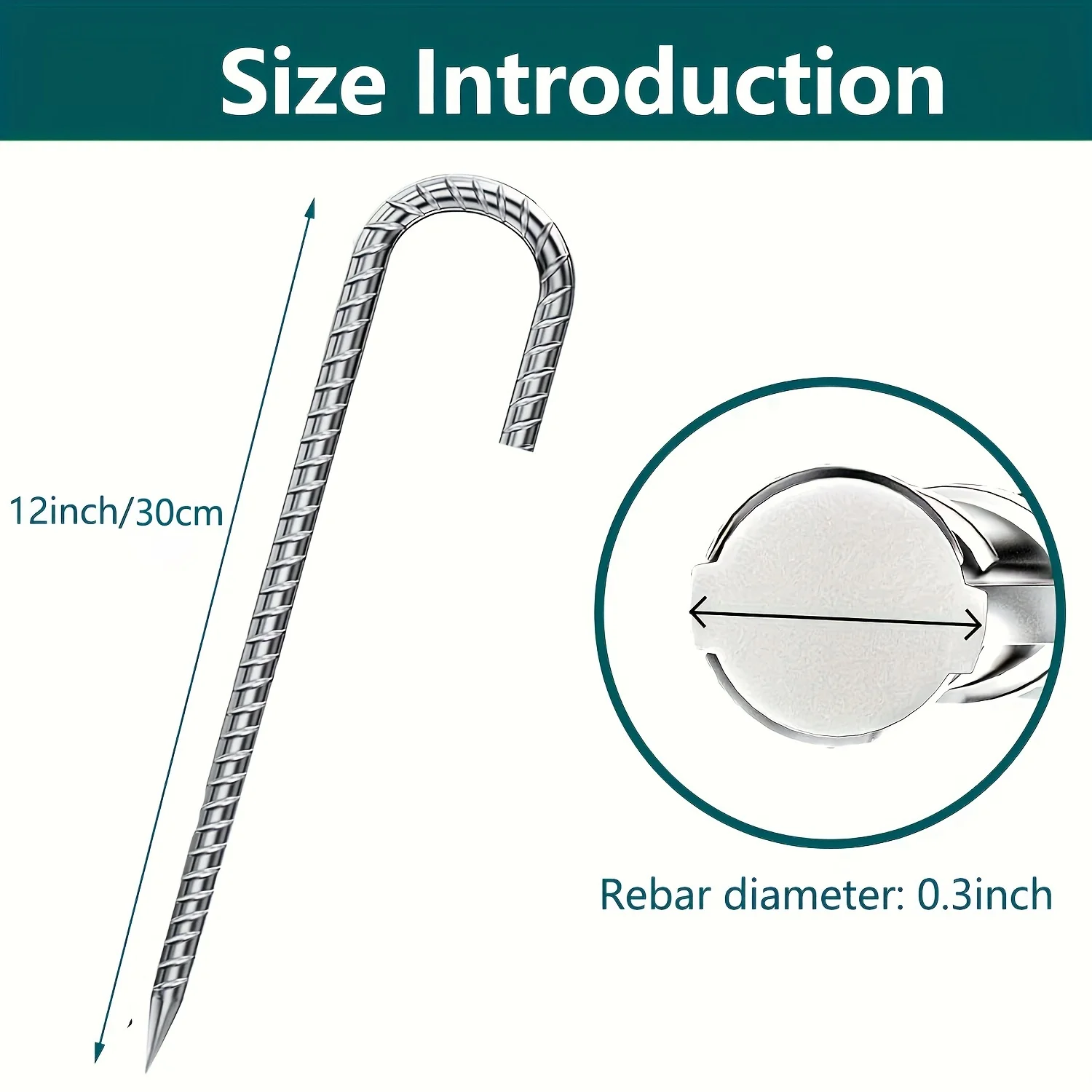 أوتاد حديد التسليح J Hook مقاس 12 بوصة فضية، مراسي أرضية عالية الجودة احترافية لسياج سلسلة الارتباط، وشبكات رياضية، والتخييم #3