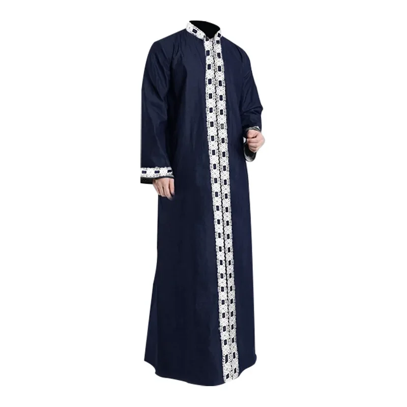 2025 New Islamic Arabic Kaftan Muslim Lace Patchwork Long Sleeve V Neck Jubba Thobe Fashion Middle East Men Robes abc