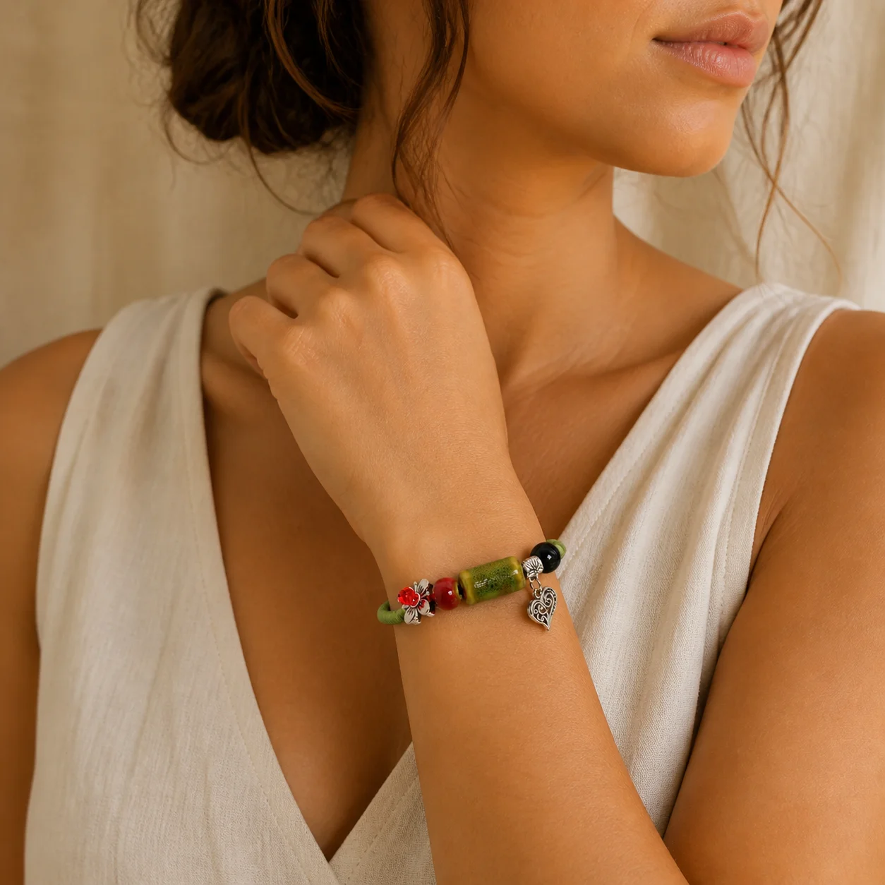 Handmade Ceramic Bracelet with Waxed Cord Handwoven Adjustable Jewelry Metal Accents Cylinder Bead Artisan 608P4-18