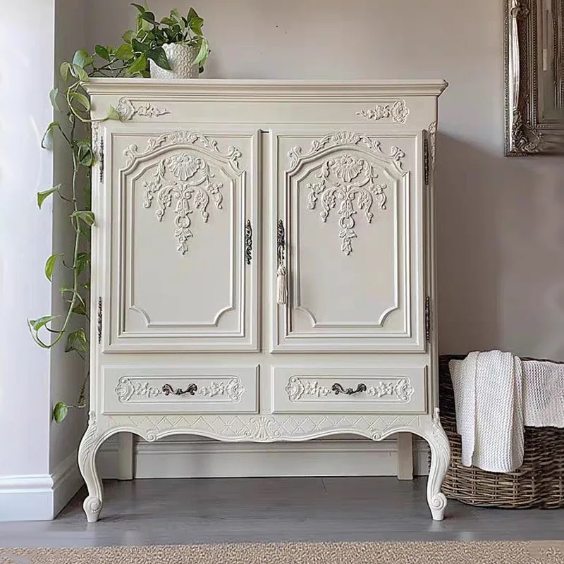 

French retro solid wood dining side cabinet villa simple living room advanced carved storage American light luxury door cabinet