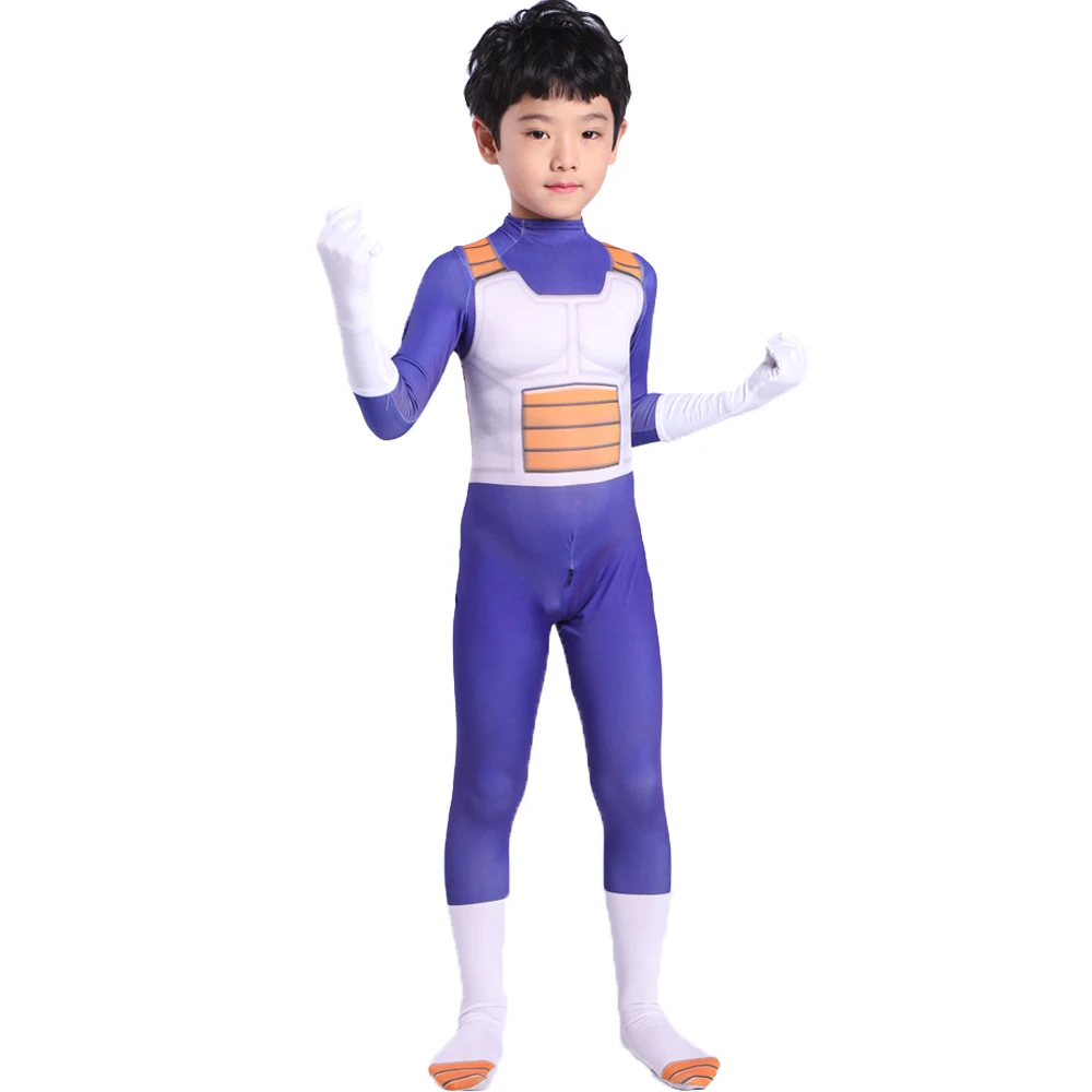 Anime Kids Adult Battle Suit Torankusu Vegeta Boy Cosplay Costume Superhero Spandex with Blue Gold Black Hair Birthday Gift