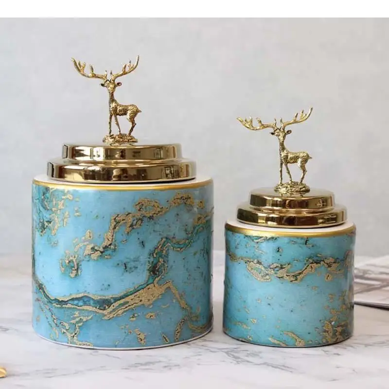 

Gilded Marble Texture Storage Jars Decorative Deer Candy and Lids Ceramic Painted Jewelry Cosmetic Containers Home Decor