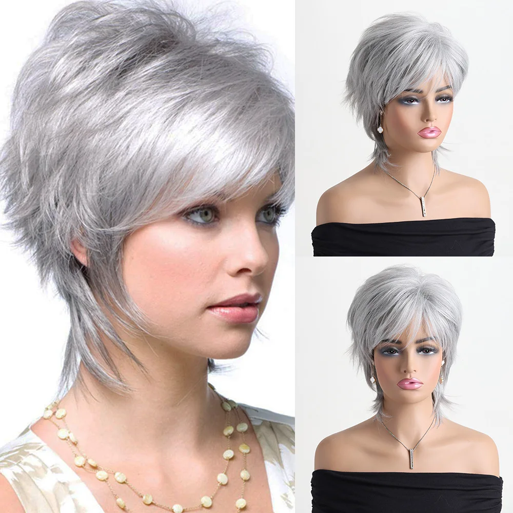 

Synthetic Short Silver White Wig Fashion Fluffy Hair for Women Stylish Party Daily Dating Faux Hairpiece Natural Look