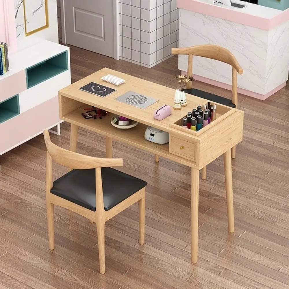 Modern Nail Desk with Dust Collector, Nail Table for Nail Tech, Manicure Table with Grooved and Drawer, Solid Wood Double Layer