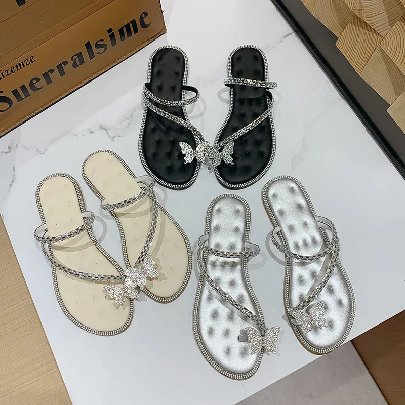 Schuhe Frau 2024 Hausschuhe Sommer Herde Pantofle niedrige große Gummi Flip Flops Glitzer Folien neue Hawaii Gelee Kristall Baumwolle