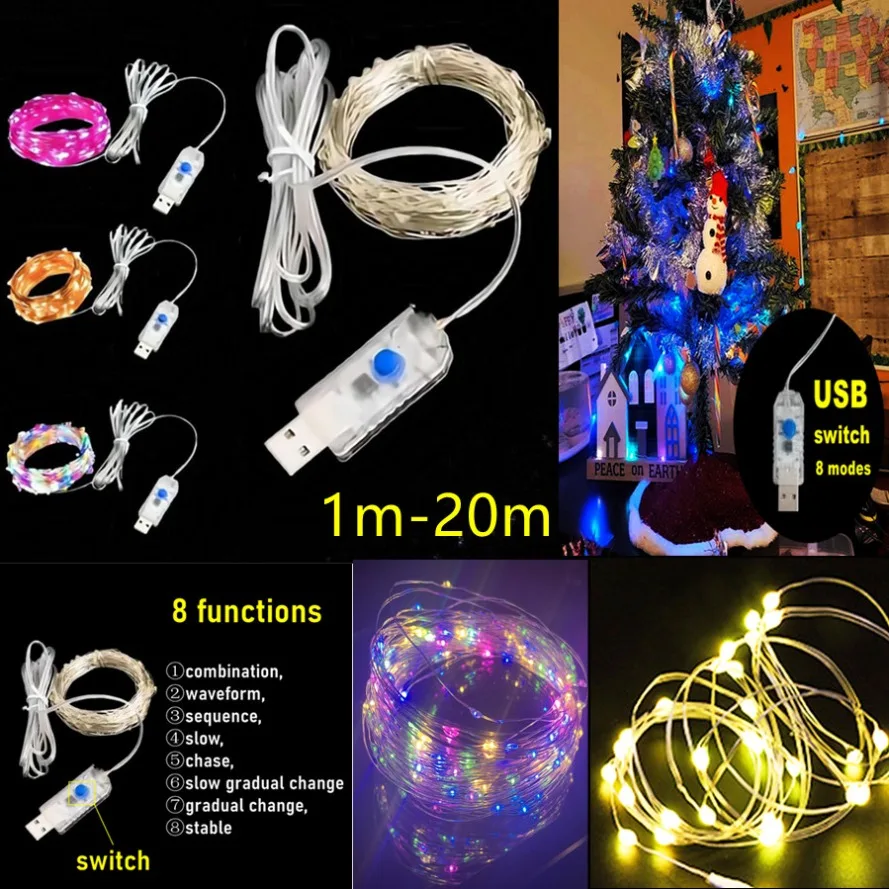 Led silver line Fairy Lights USB Powered LED String Lights Copper Silver WireHoliday Outdoor Lamp Garland Luces for Christmas