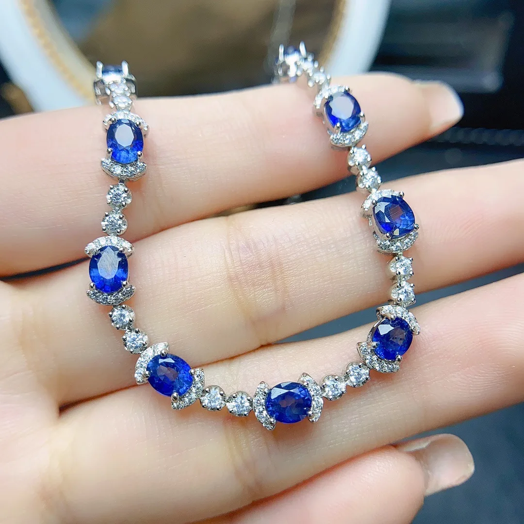 

Natural Sapphire Bracelet 4x5mm, S925 Silver Inlaid Blue Gemstone Jewelry
