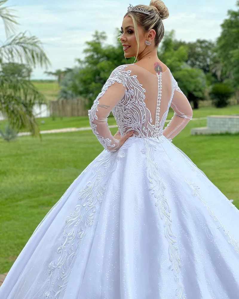 Laço apliques vestido de casamento o pescoço tule manga longa noiva vestido de baile tribunal trem botão vestido de casamento robe de mariee elegante