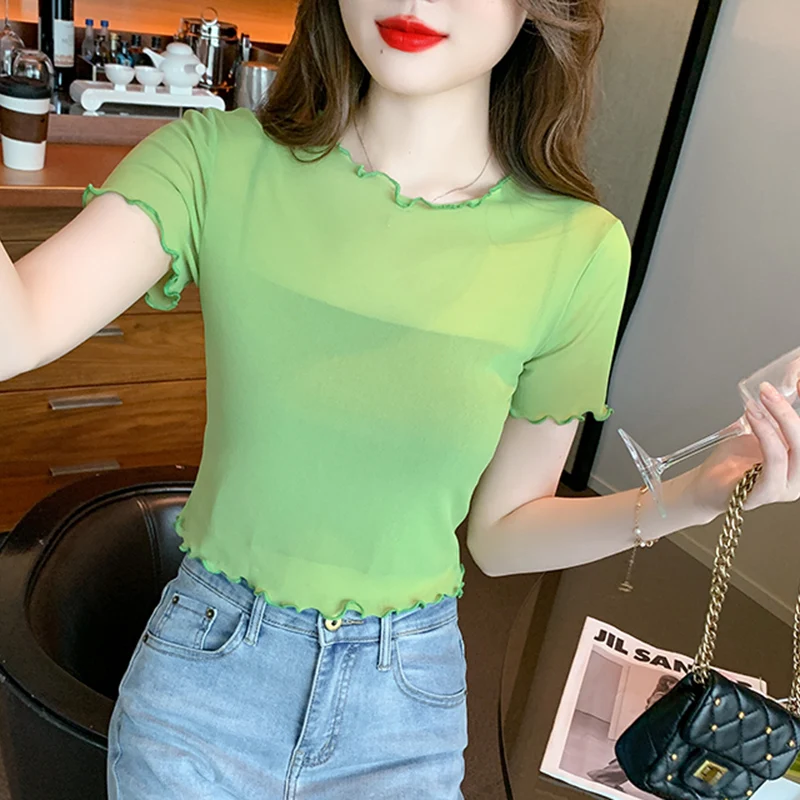 

Stretchy Sheath T Shirts Summer Women New Elegant Short Sleeve Crop Tops Girls Solid See-through Mesh Tee T-shirt