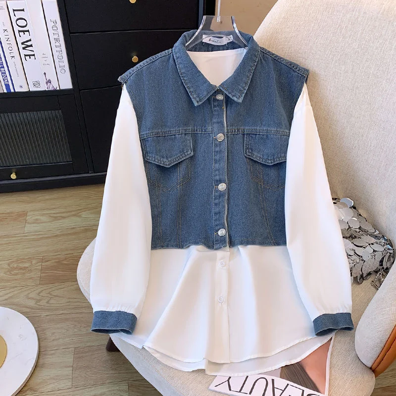 New Denim Shirt Women's Korean Fake Splicing Two Piece Splicing Long Sleeve Fashion Casual Loose Blouse Female Windbreaker Tops