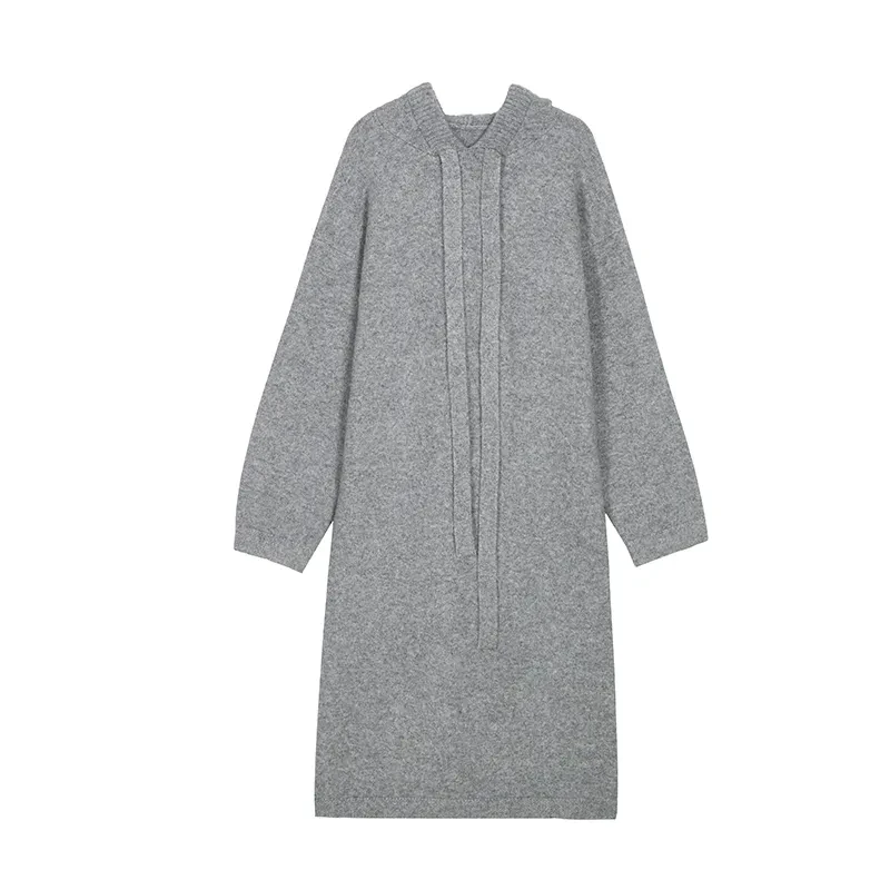 Gaganight Women Grey Hooded Knitted Dress 2024 Women's Autumn Winter New Style Purpleazy Style Interior Bottom Sweater Dress