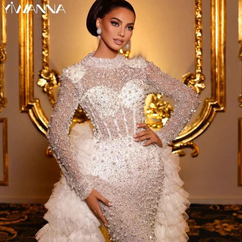 

Sexy Illusion Mermaid Wedding Dress Detachable Train High Collar Bride Robe Exquisite Sequined Pearls Bridal Gown Robe De Mariée