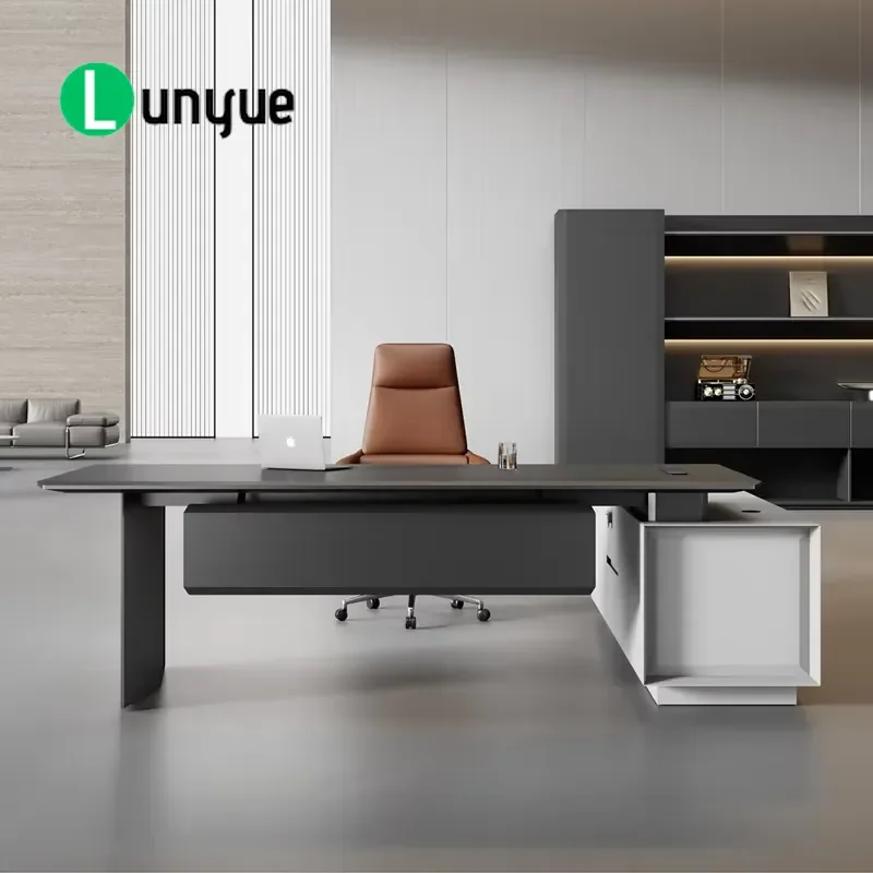Modern Eco-friendly Durable Wooden Executive Desk Large Matte Vertical Office Manager Table with Side Locker for Business Use