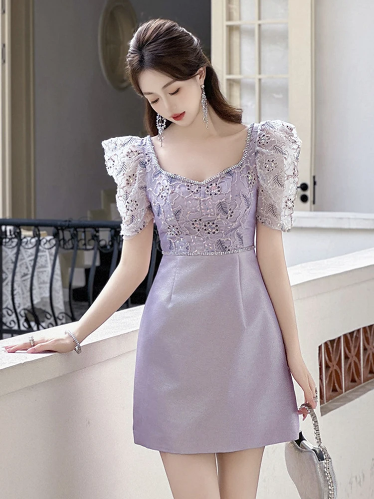 Elegant Luxury Purple Glitter Birthday Dress Women Sweet Retro Puff Sleeve Slim Short Party Club Vestidos Fiesta Street Clothes