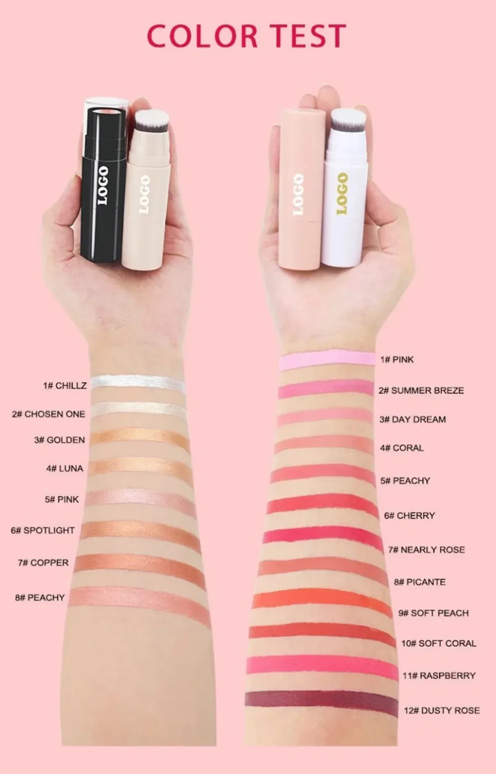Waterproof Pigment Single Blush Stick Private Label Long Lasting Face Makeup Powder Blusher Custom Logo Wholesale White Package