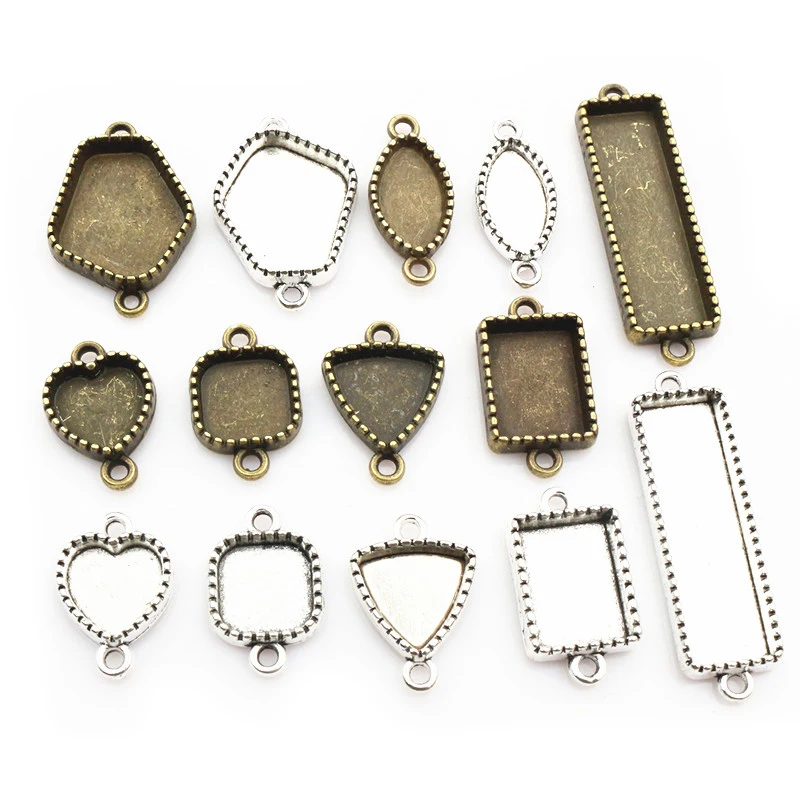 10pcs Double Loops Connector Pendant Cabochons Blank Base Settings Tray Heart Sqaure Rectangle Oval DIY Jewelry Findings
