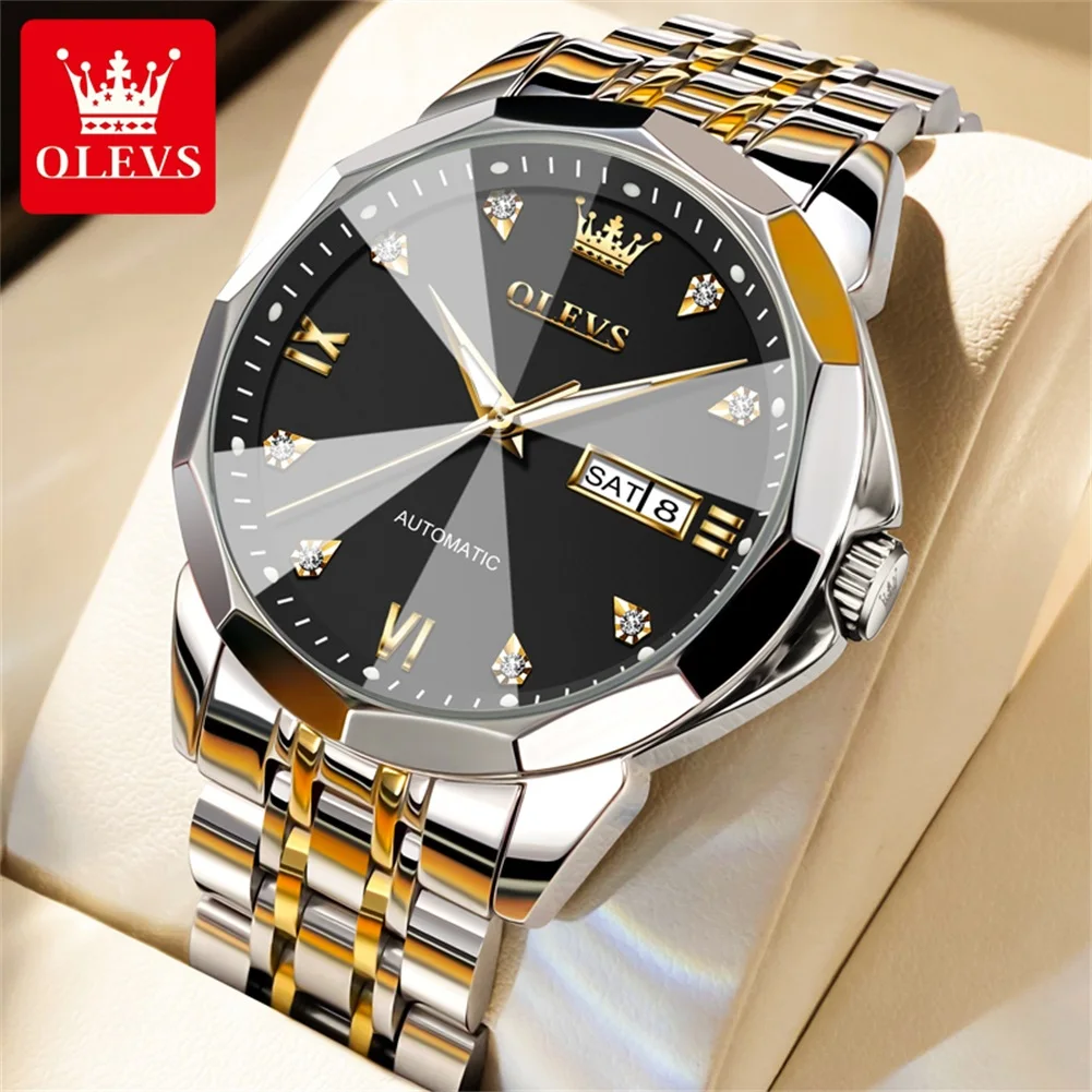 

OLEVS 9982 Automatic Watches for Men Diamond Dial Calendar Week Waterproof Stainless Steel Luminous Luxury TOP Brand Wristwatch