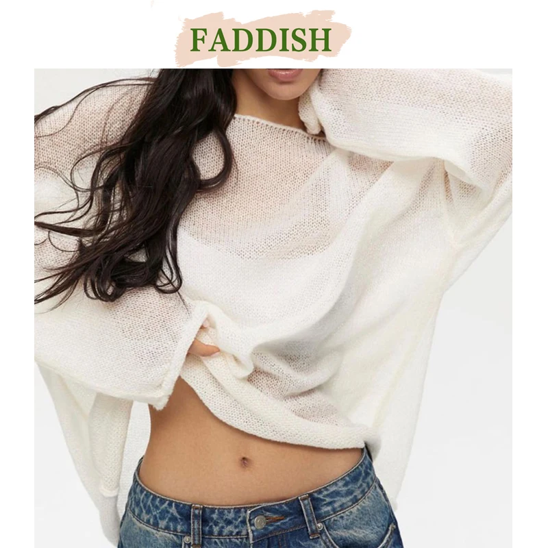 FADDISH 2024 Spring Summer Women Fashion Loose Round Neck Hollow Out Knit Sweater Female Solid Casual Long Sleeve Tops Pullovers