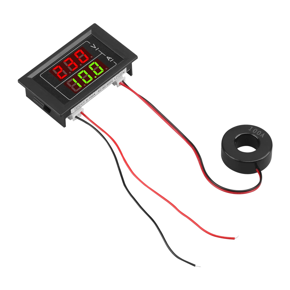 AC 60V-500V 99.9A LED Digital Voltmeter Ammeter 2 Wire Voltage Amperage Tester Gauge with Current Transformer Red Green Display