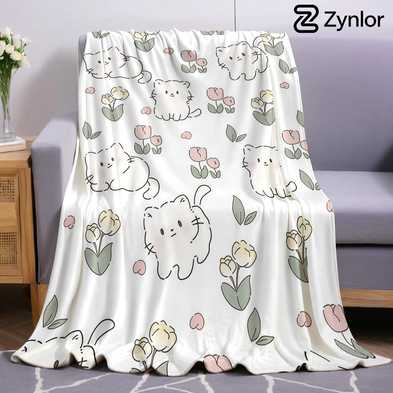 Tulip Kitten Sketch Cartoon Anime Print Flannel Blanket Soft Warm Throw for Kids Bedroom Sofa Bed Christmas Office Car
