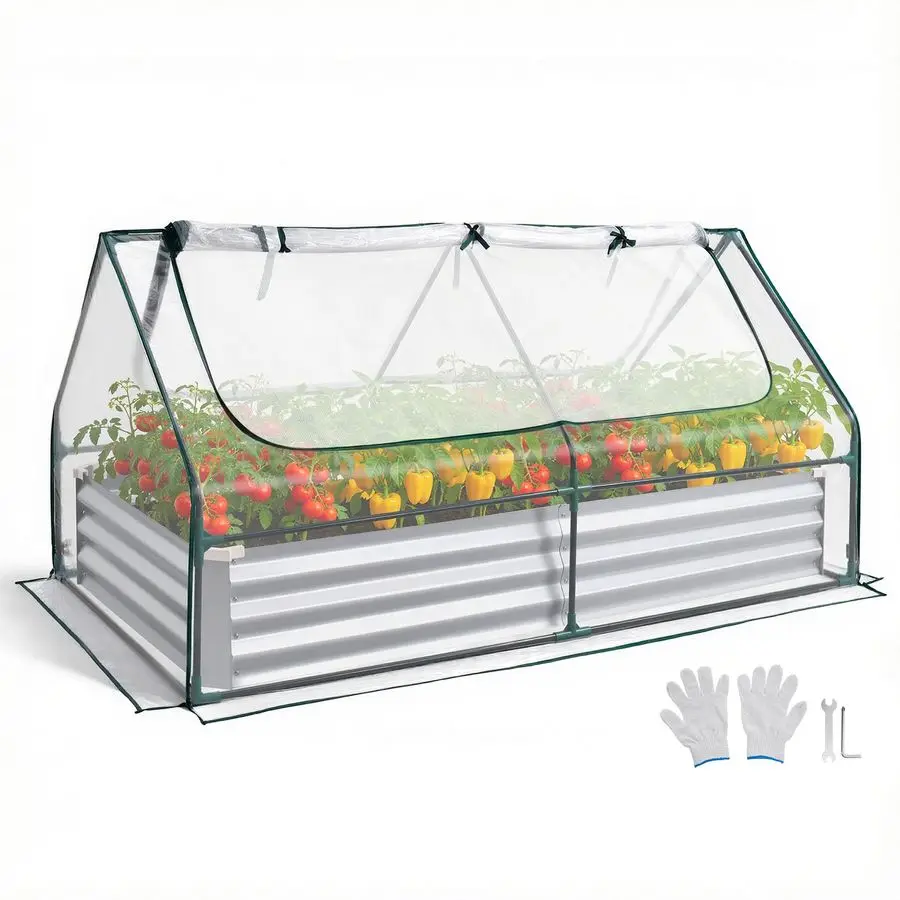 

6x3x1FT Metal Raised Garden Bed with Greenhouse Cover, Outdoor Galvanized Planter Raised Beds for Gardening for Vegetables Flowe