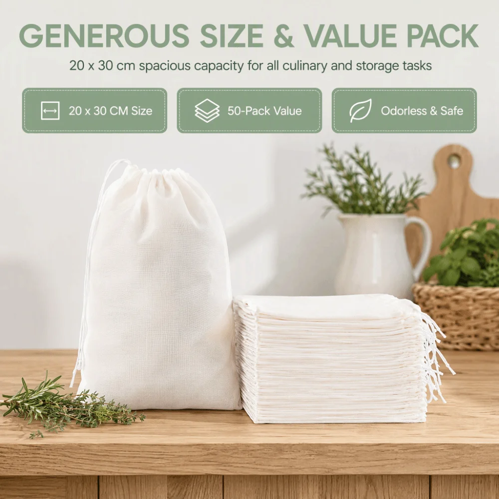 50 PCS SET 7.9 x 11.8 in Cotton Drawstring Bag Nature Cotton Large Size Reusable Sachet Bag 20x30cm Muslin Drawstring Bag