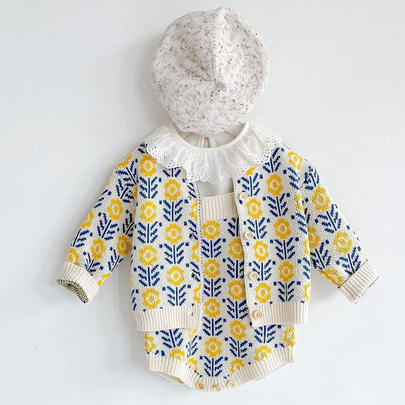 2024 New Spring Newborn Baby Girls Clothing Suit Long Sleeved Cardigan Coat+Jumpsuit Infant Baby Girl Knitting Clothes Set