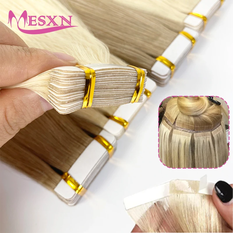 MESXN High Quality Tape in Extensions 100% Human Hair Invisible SKin Weft  613 color Adhesive Real Natural Hair For Women