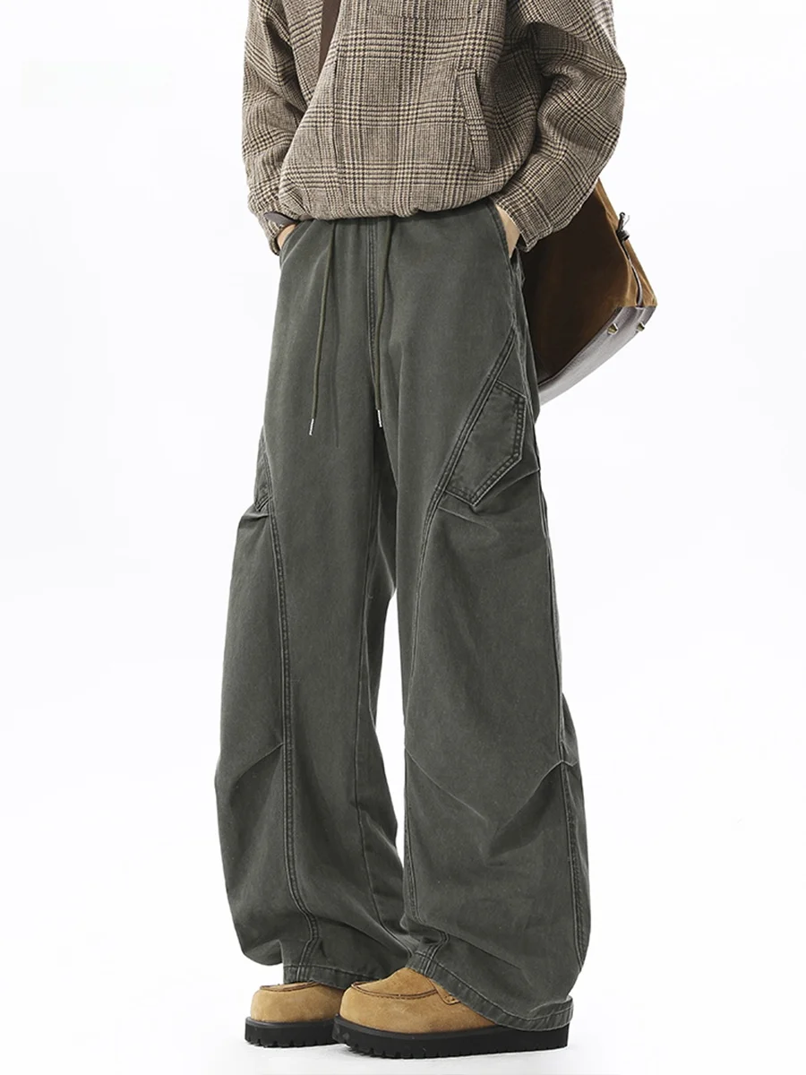 

Мужские осенние рабочие брюки из чистого хлопка в стиле ретро, плиссированные, с широкими штанинами, повседневные, длинные, в стиле парашютиста