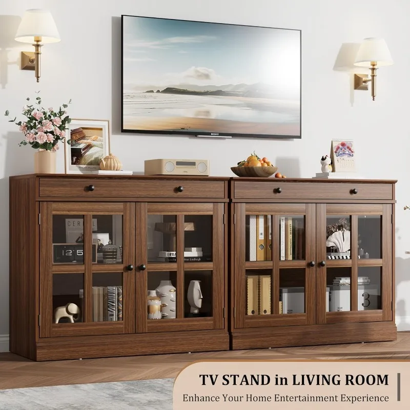 Aparadores buffet de 35,4" con puerta de vidrio, mueble buffet con almacenamiento, aparador de nogal con cajón, M