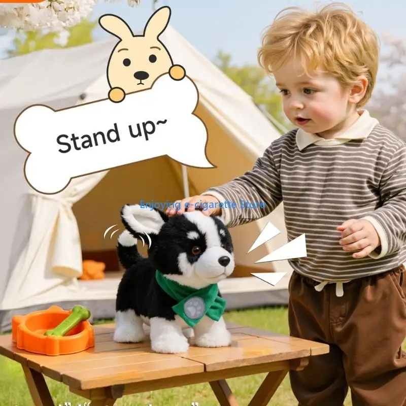 Soft Puppy Toy With Voice Command and Head Tap Reaction, Walking Sitting Standing Motion, Black White Dog Design for Indoor Home