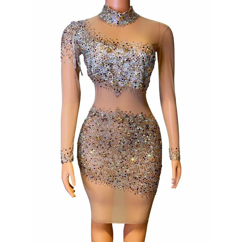 

Diamond Birthday Dress Elegant Sparkle Diamond Mesh Ball Dress High Neck Knee Ladies Vestidos De Graduación Vestidos De Flamenca