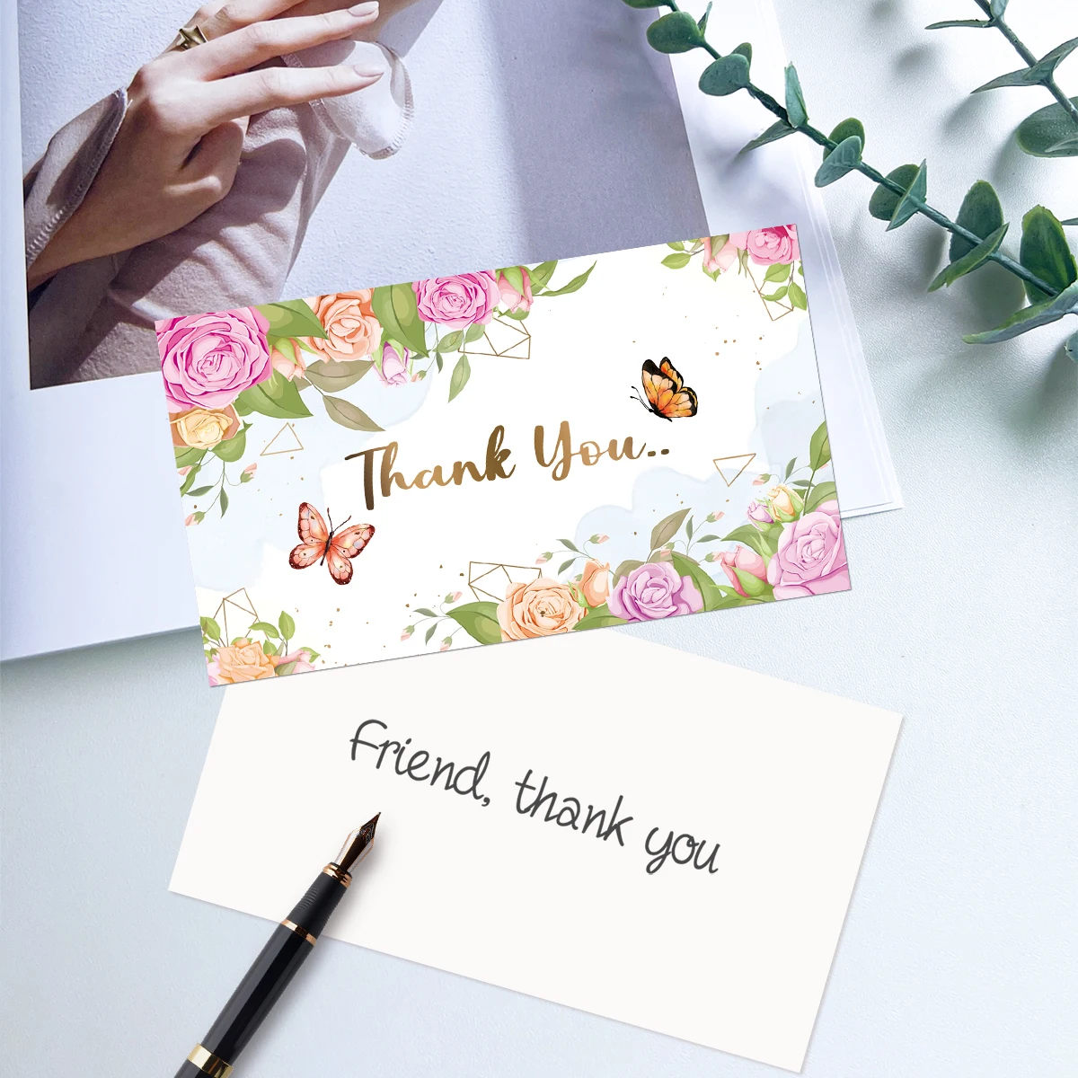 50Pcs/Pack Floral theme Thank You Cards,Handmade with Love Thank You Card Small Business Party Message Card,Paper Thank You Card