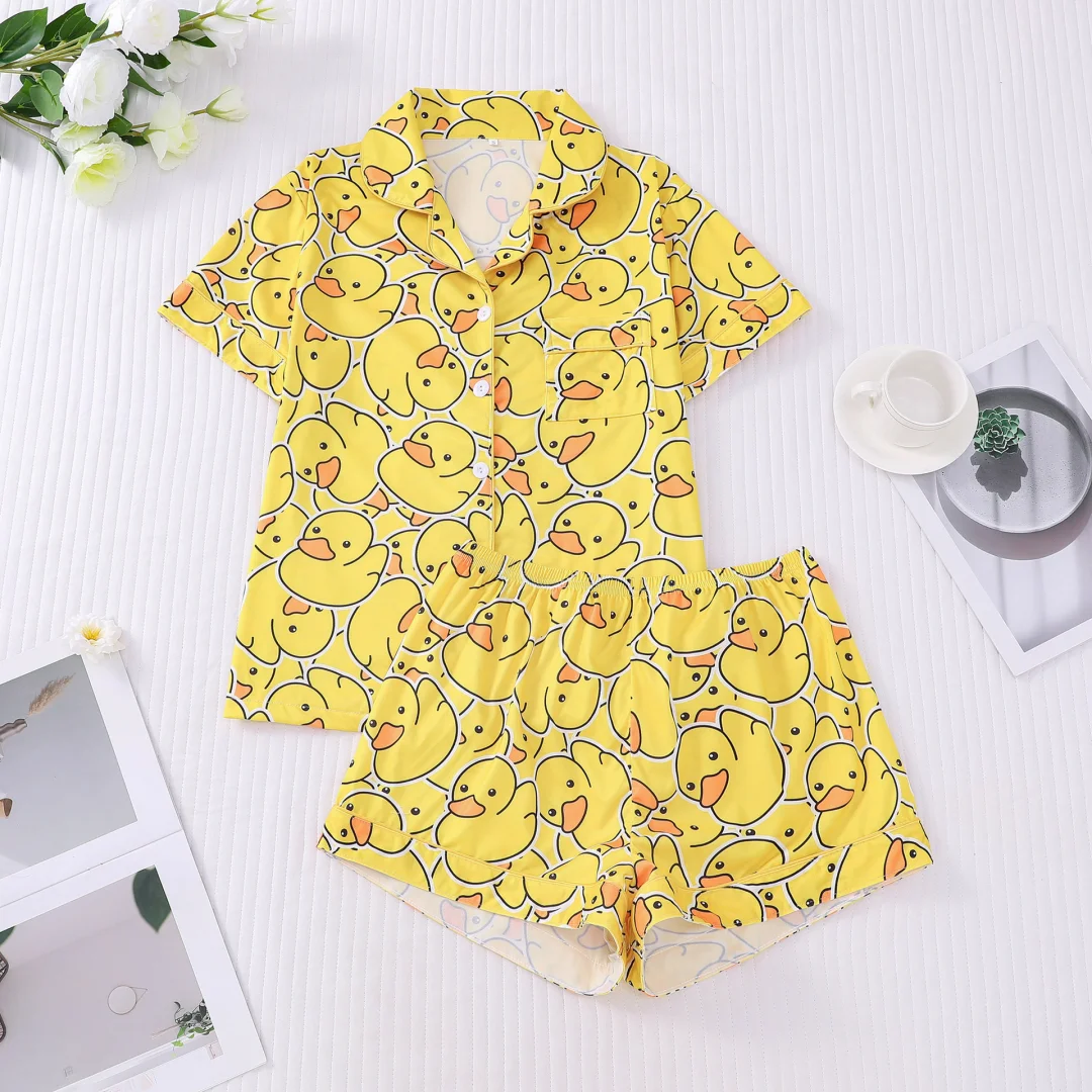 

Женские пижамы с принтом желтой утки, забавные милые животные, комплект домашней одежды, рубашки с короткими рукавами и короткие штаны с лацканами, кардиган, подарки