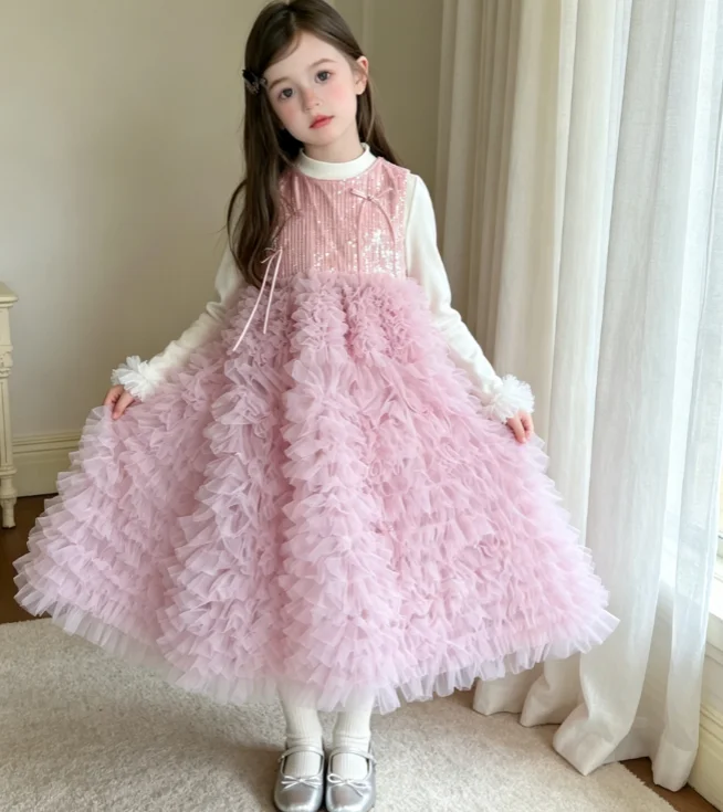 Girls Suit 2026 Autumn and Winter New Childrens Clothes Baby Girl Temperament Lace Bottom Shirt Puffy Mesh Cake Dress Two Sets