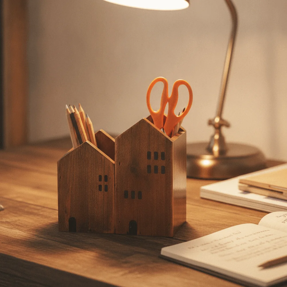 2PCS Cute Wooden House Shape Pen Container Cartoon Polished Surface Makeup Brush Storage Box Vintage Desktop Organizer Student