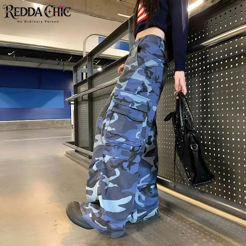 ReddaChic Alt Vintage Camouflage Cargo Jeans Boyfriend Low Rise Multi-pocket Straight Loose Denim Pants Causal Women Streetwear