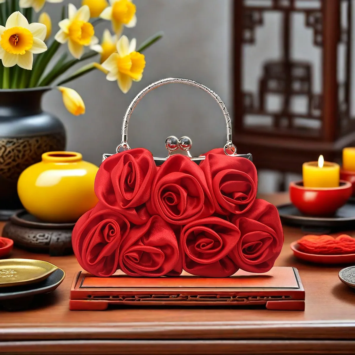 Flower Decor Kiss Lock Metal Handle Clutch, Elegent Textured Frame Handbag Purse, Cocktail Prom Dinner Evening Bag Gift to girl