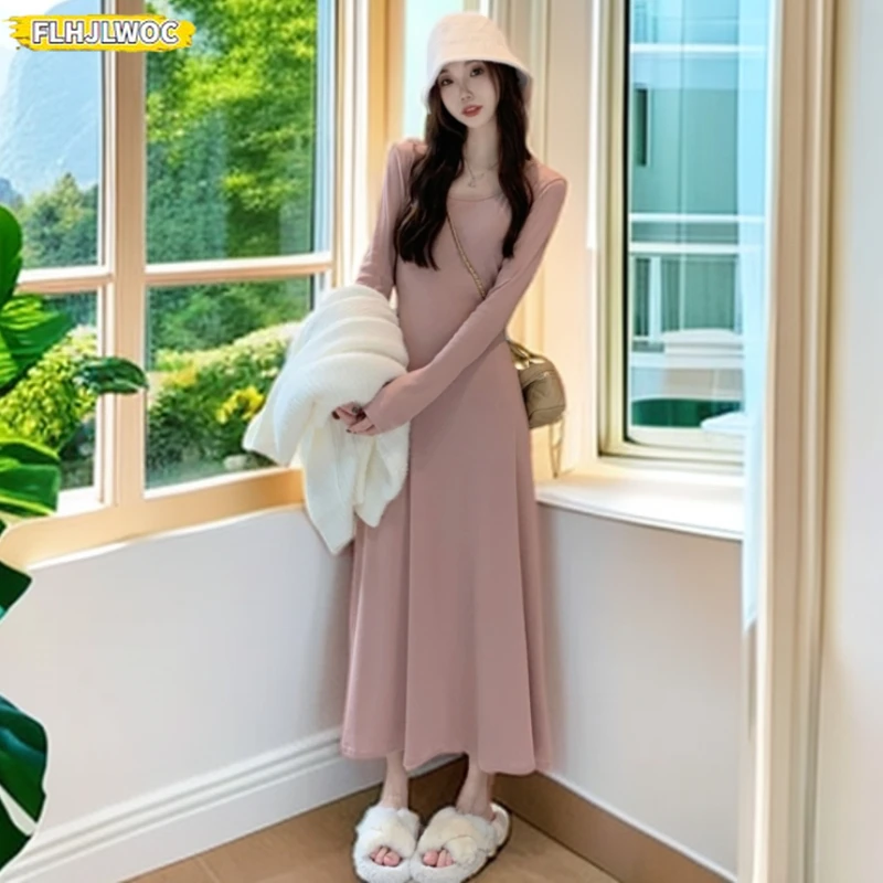 Otoño Invierno básico largo Maxi vestidos lindo dulce niñas mujeres Chic Corea Japón Casual sólido una línea rosa camiseta vestido