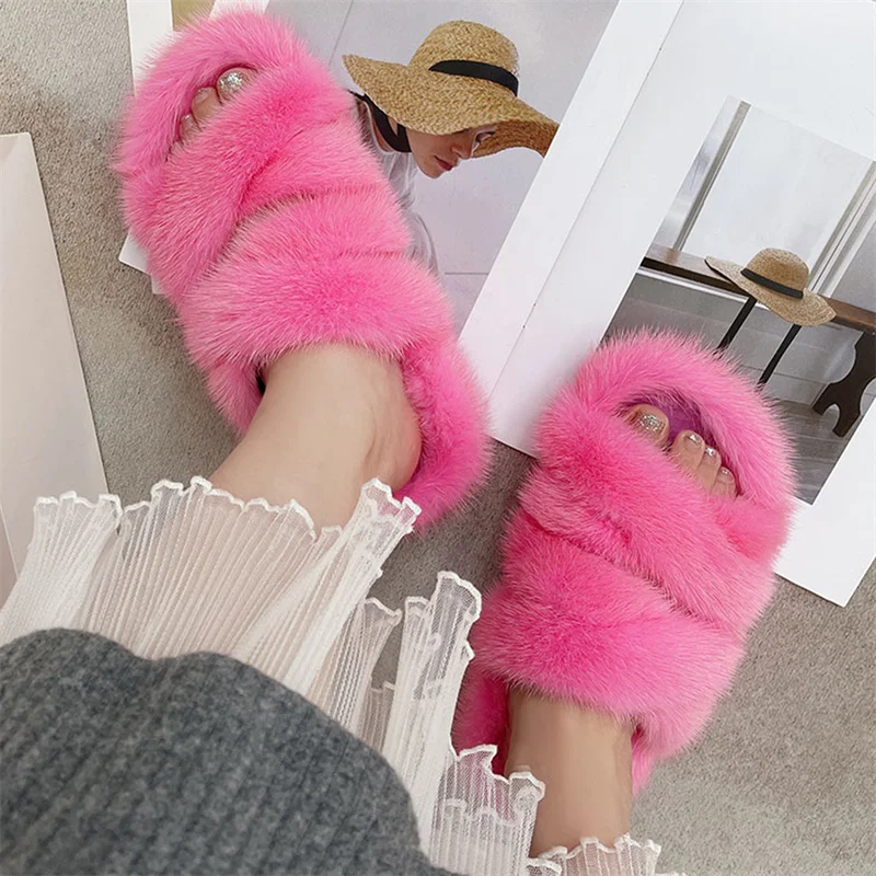 Autumn Net Red Plush Slippers Women's Home Lazy People Wear One Word Slippers Thick Bottom Indoor Non-slip Cotton Slippers