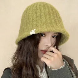 Knit Bucket Hat Women Autumn Winter Big Head Girth Solid Color Warm Fisherman Cap Match Premium Feeling Woolen Outdoor M571