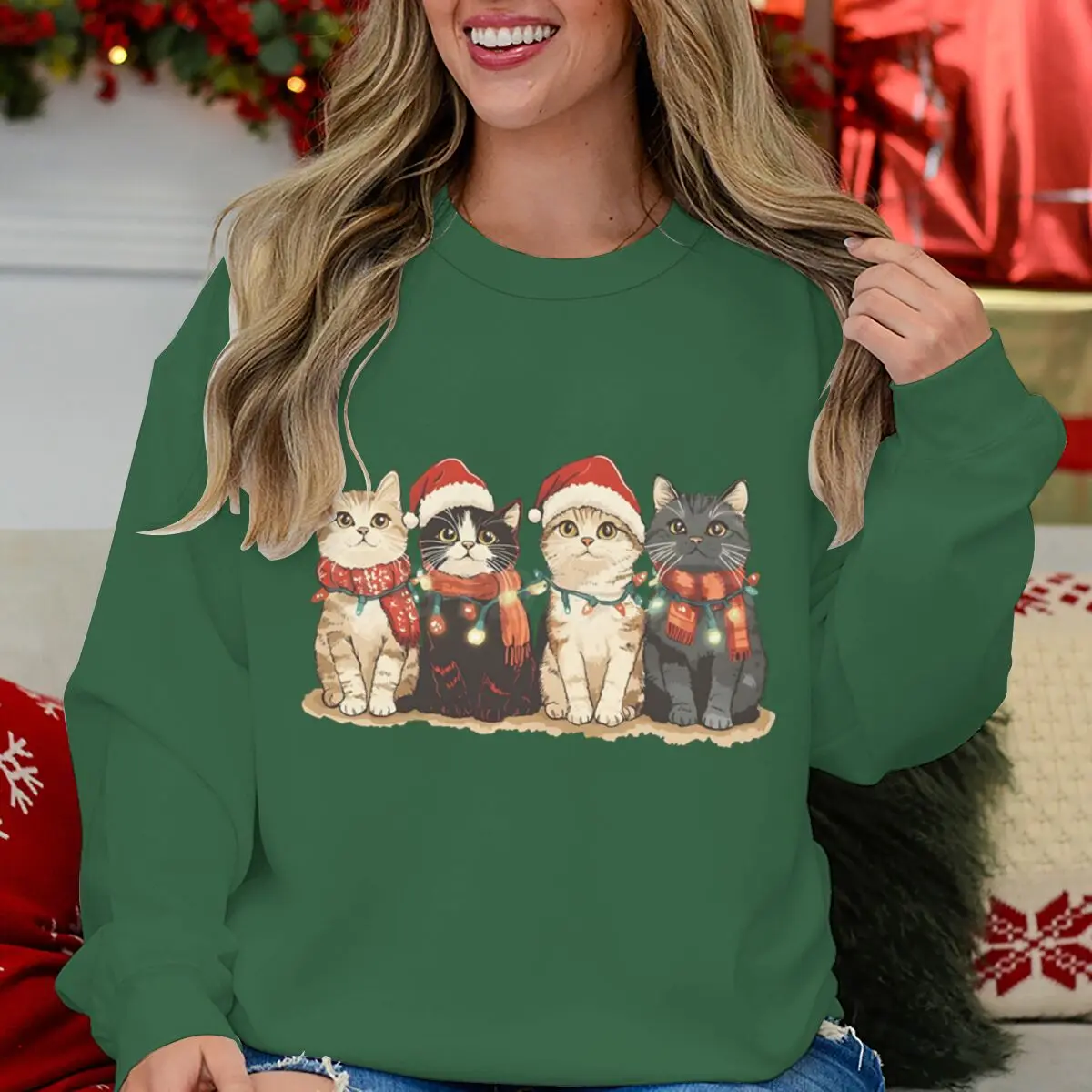 

Женский свитшот с рождественским принтом Meowy, милые кошки с шляпой Санта-Клауса, дизайнерская одежда, женский свитер для любителей кошек, с Новым годом