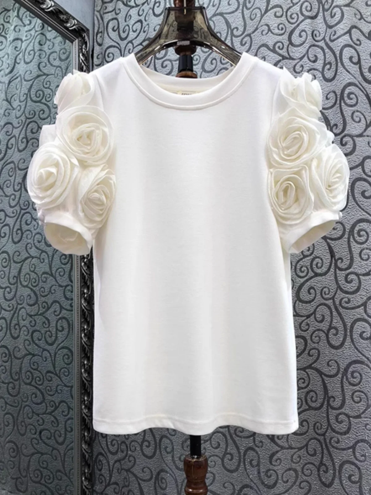 Korean Style Bubble Sleeve T-Shirt Women Summer Slim Fit  Color Casual Straight Short Sleeve Top Heavy Work Flower Patch...