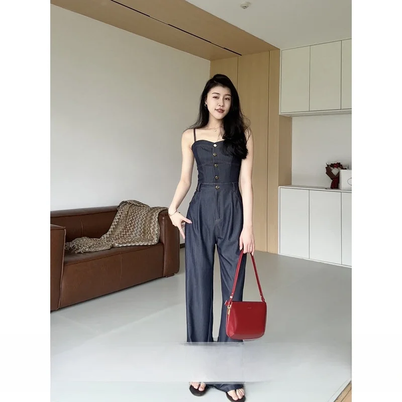 

Модный джинсовый комбинезон с высокой талией и прямыми штанинами, на бретелях, трендовый, облегающий, высокого качества, для повседневной носки