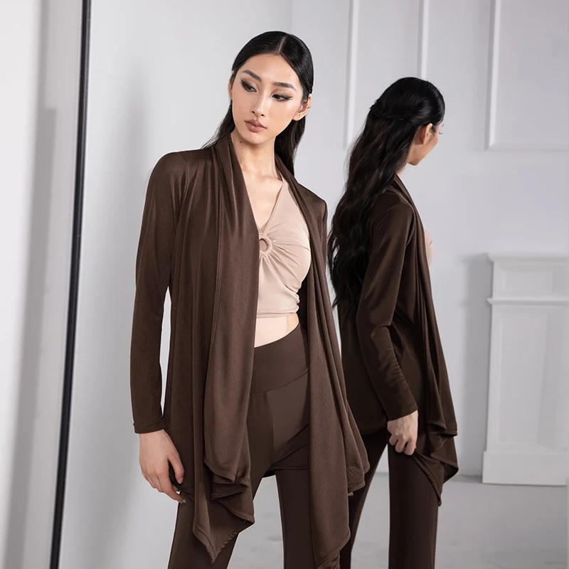 

Latin Dance Clothes Women Long Sleeves Cardigan Practice Coat Rumba Ballroom Dance Practice Clothing Brown Black Tops BL13626