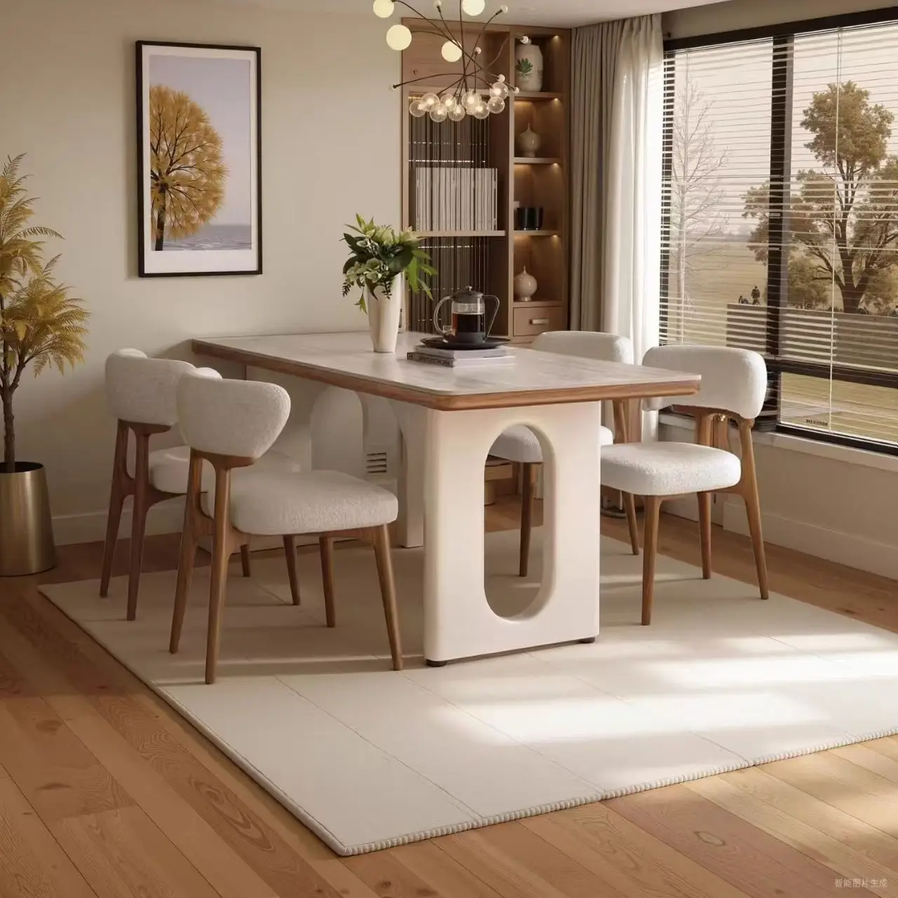 &c Nordic Classic Rectangular Dining Table with Creative Cut-Out Base Waterproof Oak for Hotel Dining Room Decoration
