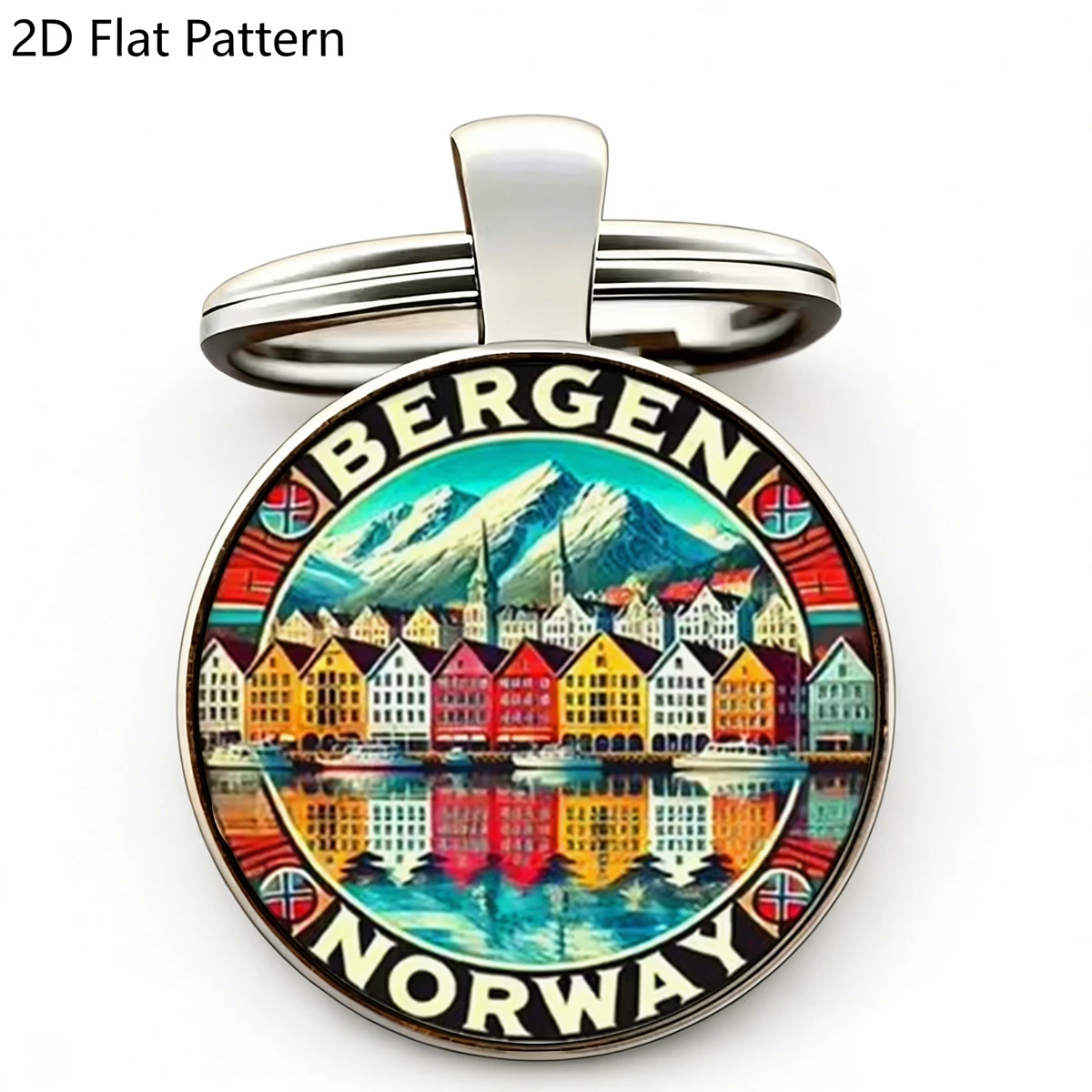 Llavero de recuerdo con paisaje vintage de Bergen, Noruega, con diseño de fiordo y montaña, para regalo familiar o aniversarios, 1 unidad.