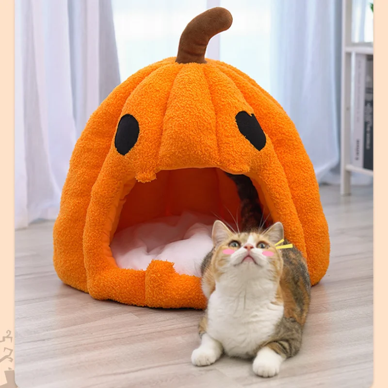 Halloween Pumpkin Cat Nest Autumn and Winter Warm Cat House Closed Cat Kennel Pets Halloween Pets