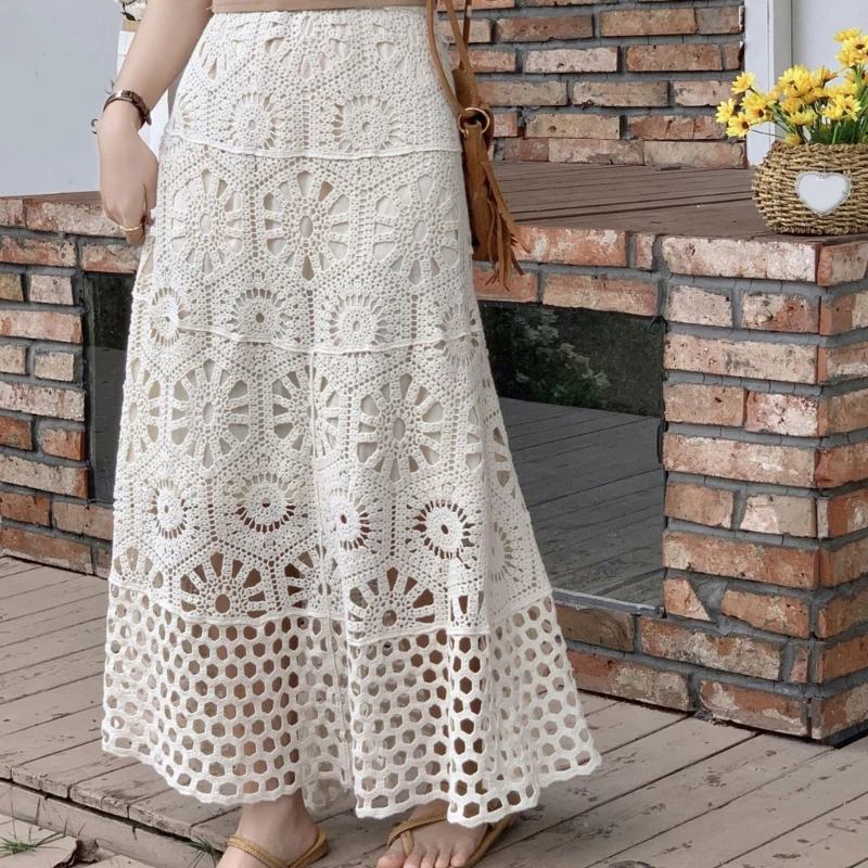 Womens Hollow Out Crochet Knit Flower Elastic High Waist Beach Flared Long Skirt P8DB